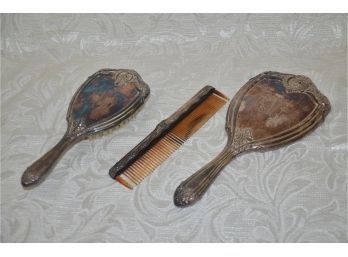 (#45) Antique Silver-plate Vanity Set (Mirror, Brush And Comb)