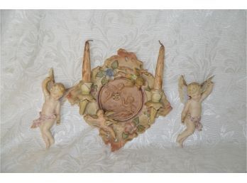(#41) Antique Victorian Wall Hanging Pair Of Cherubs 8'H With Porcelain Sconce Wall Plaque Wood Candles