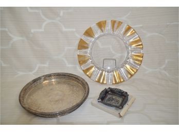 (#165) Glass Gold Detail Trim 14' And Silver-Plate Serving Tray 12' And Silver-Plate Ash Tray In Box