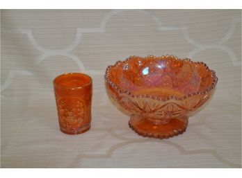 (#169) Vintage Marigold Carnival Glass Diamond Star Pattern Pedestal Bowl 9' And Tumbler Glass 4'