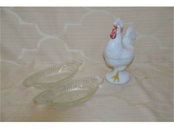 (#260) White Milk Glass Rooster Covered Candy Dish And 2 Glass Oval Serving Bowls