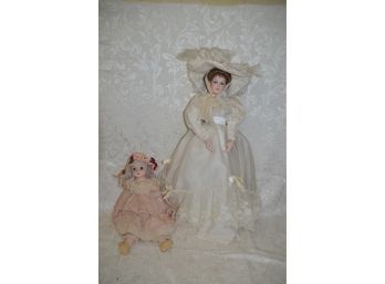 (#101) Vintage Unmarked Pocelain Collectible Dolls White Dress 22' And Pink Dress 15'