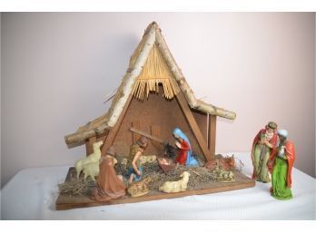 (#224) Vintage Wood Nativity Stable With German Rubber Plastic Nativity 10 Figurines, 2 Japan Wood Cow, Donkey