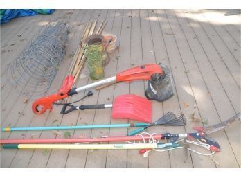 (#217) Outdoor Garden Tools And Equipment: Electric Edger, Tomato Cages And Sticks, Pole Tree Cutter
