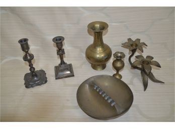 (#182) Brass Assortment Of Candlesticks, Ash Tray, Vase, Silver-Plate Candlesticks