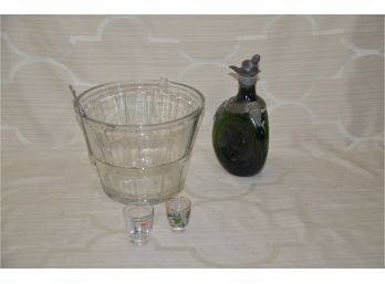 (#271) Glass Ice Bucket, 2 Shot Glasses, Green Thumbprint Decanter Bottle