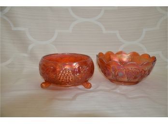 (#168) Vintage  Federal Orange Iridescent Carnival Glass Marigold Madrid Footed Bowl And Bowl