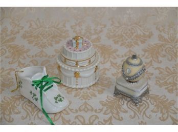(#312) Porcelain Trinkets:  Lenox Birthday Cake, Shamrock Shoe, Music Ring Egg Box
