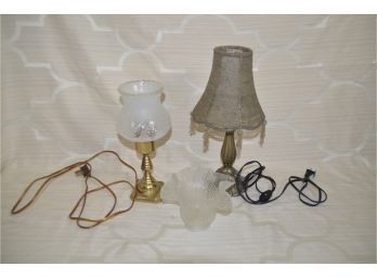 (#183) Desk Accent Table Lamps Brass With Tulip Shade, Other Beaded Shade