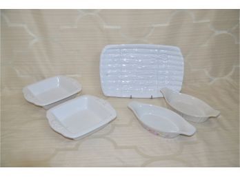 (#261) Ceramic Serving Pieces:  Ceramic Asparagus Plate 12x8, Square Nantuckt Casserole (2)
