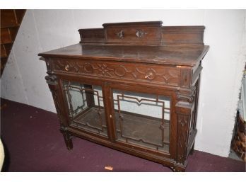 (#12) Antique Console Buffet Wood Server One Top Drawer Glass Bottom Cabinet (bottom Back Panel Missing