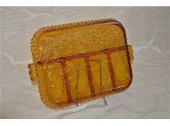 (#176) Vintage Amber Glass Divided Serving Tray Fruit Design 12x9