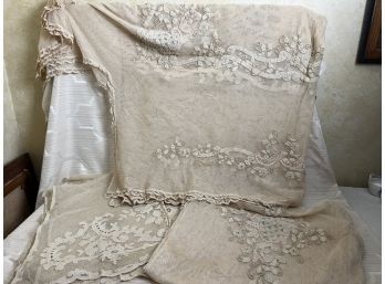 (#189) Antique 1900's Mosquito Netting Bedspread, Pillow Cover, Pair Of Curtains - Mint