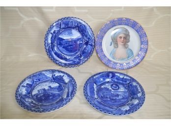 (#109) Rowland & Marsellus Staffordshire (3) Blue And White Souvenir Plates 10', Portrait Unmarked Plate (1)