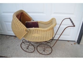 (#124) Vintage Antique Victorian Baby Doll Carriage Wicker Buggy Stroller Metal / Steel Base