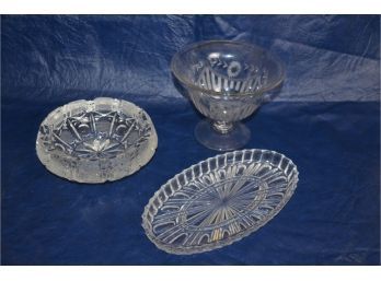 (#300) Glassware:  Pedestal Etched Bowl, Cut Crystal Ash Tray, Oval Glass Tray