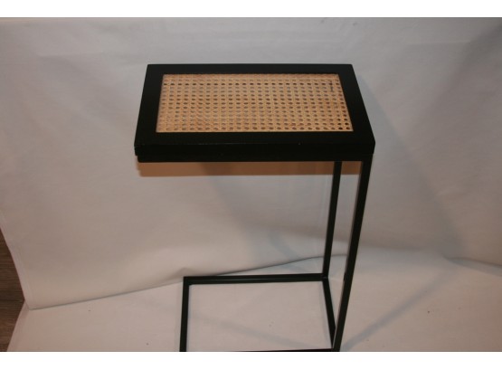 (#12) Modern Side Metal Side Table With Caning Under Glass
