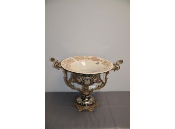 Porcelain Pedestal Compote Bowl Vase Bronze Decorative Detail 13'H