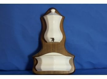 (#76)  Vintage Mid Century  4 Piece Provincial Ceramic Lavabo Om Solid Wood Shaped Plaque Back