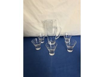 (#253)  Star Burst Etched Cocktail / Martini Set: Pitcher With 5 Matching Cocktail Glasses With 2 Stir Stick