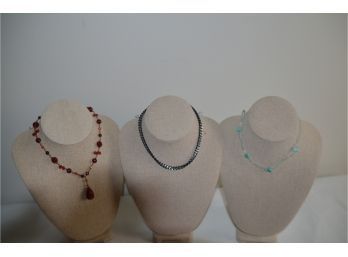 (#320) Bead Necklace, Black And Silver Chain Necklace, Small Turquoise Hearts On Fabric String