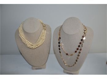 (#318) Costume Pearl Necklace 17' Long Unclipped, Gold Chain 20' Long