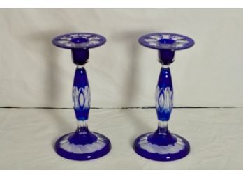 (#255) A Tall Pair Of Bohemian Crystal  Blue Candle Sticks Holders