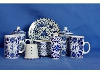(#146) Assortment Of Blue & White 12 Oz. Tea/ Coffee Mug, Vase, Plate And Planter