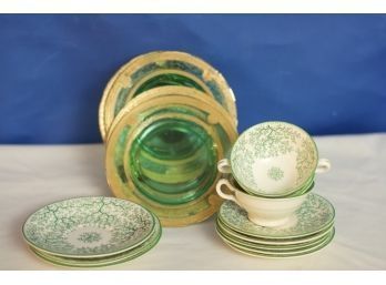 (#162)  Lot Of:  Black Starr & Gorham Cups & Saucers With Green Glass Dessert Glass Gold Rimed Plates