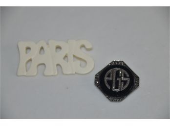 (#326) Paris Resin Pin, Silver On Black Onyx Stone Pin