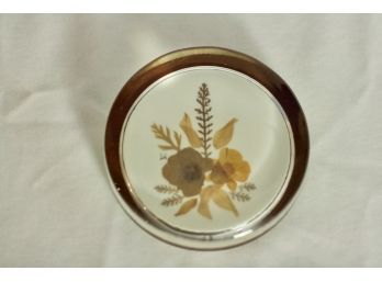 (#198)  Vintage Paperweight With Pressed Flower  Felt Back 3.75' Round