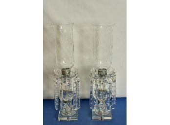 (#256) Pair Crystal Lustre With Etched  Design Hurricanes /  Star Prisms /Unnelectrified Candle Holders