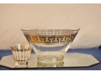 (#96) Mid Century Greek Key Glass Bowl And Glass  Bowl 10 .5' Round