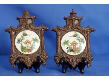 (#147) A Pair Of Very Unique Wood And Ceramic Painted Tile Pagoda Wall Hangings