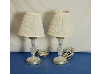 (#251) Pair Of Vintage  Crystal Candlestick Table Lamps With Shades By RoseArt Saks Fifth Ave/ Waterford(?)
