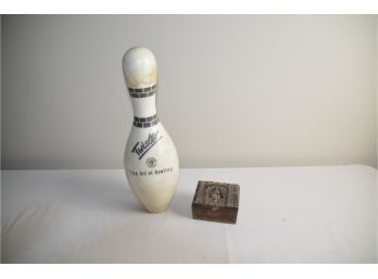 (#285) Bowling Pin With Metal Treasure Chest Bank