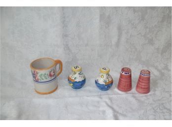 (#33) Italian Pottery Salt And Pepper Shakers And Mug