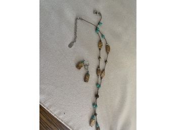 (#123) Costume Natural Beads In Turquoise / Brown Necklace & Earring Set