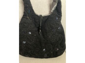 Corduroy Black Fabric Black Sequence Detail Beaded Handle Grey Silk Inside Lining - Evening Handbag