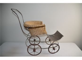 (#298) Child Size Doll Stroller Metal Wheel Wicker Seat Basket