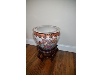 Asian Porcelain Fish Bowl Vase With Wood Stand (re-glued)