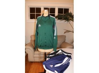 2 Adidas Green/black Athletic Soccer Zip Up Jackets, Size M & L And 2 Soccer Shorts Size  M & L