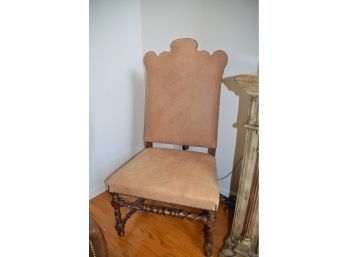 Elegant Vintage Leather Library Chair Nail Head Trim Wood Spindle Legs High Back Accent Side Chair