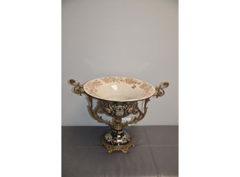 Porcelain Pedestal Compote Bowl Vase Bronze Decorative Detail 13'H