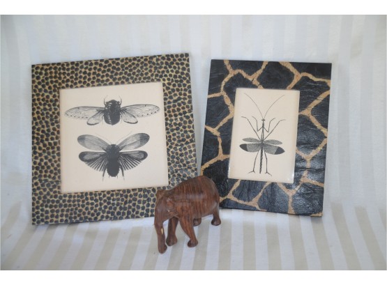 (#8B) Animal Print Picture Frames (2) And Wooden Elephant