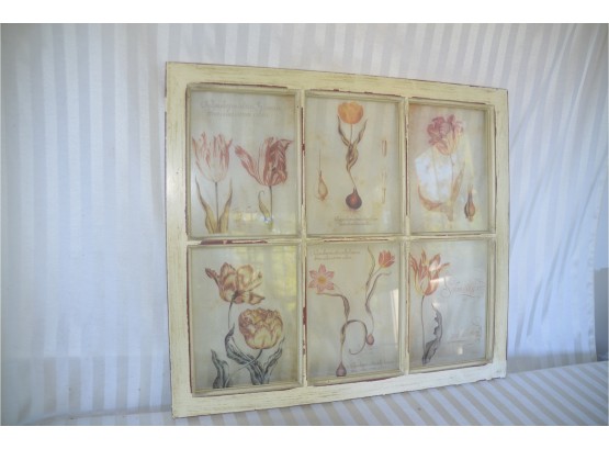 (#33) Country Wall Hanging Wood Window Pain Frame Glass Pane Section Painted Tulip Floral