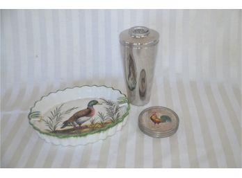 (#9B) Porcelain Hand Painted Duck Ash Tray, Cocktail Shaker And Coaster