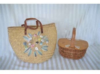 (#21) Summer Fun Straw Beach Party Handbag, Adorable Straw Basket Handbag / Picnic Lunch