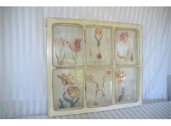 (#33) Country Wall Hanging Wood Window Pain Frame Glass Pane Section Painted Tulip Floral