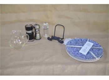 (#66) Kitchenwares: Royal Doulton Plastic Outdoor Plates (3), Salt And Pepper, Metal Book Stand